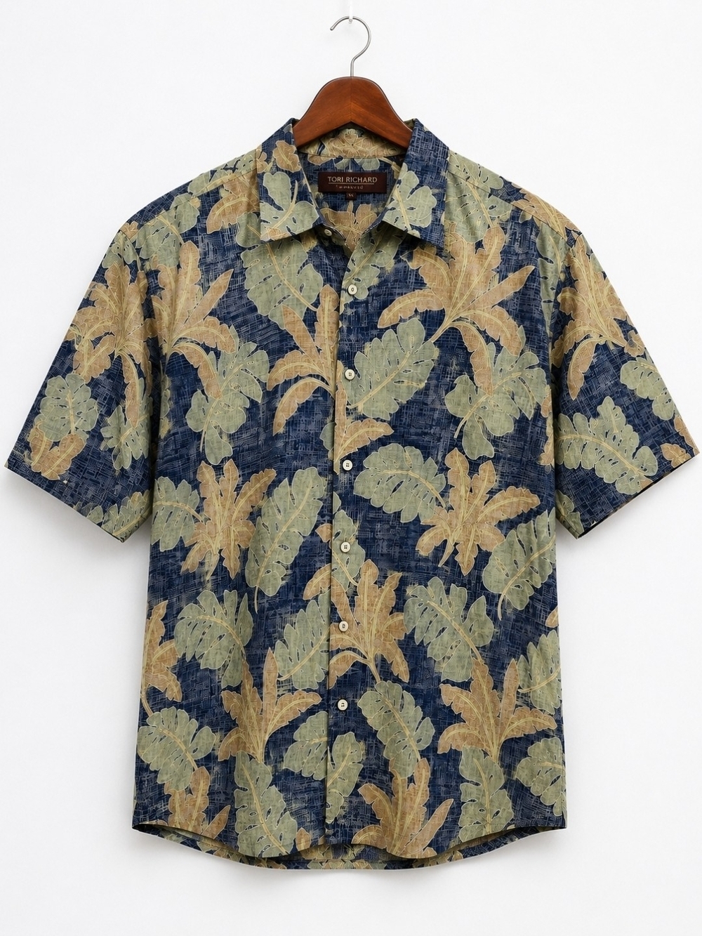 Tori Richard Navy Short-Sleeve Tropical Button-Up with Green and Tan Leaf Print